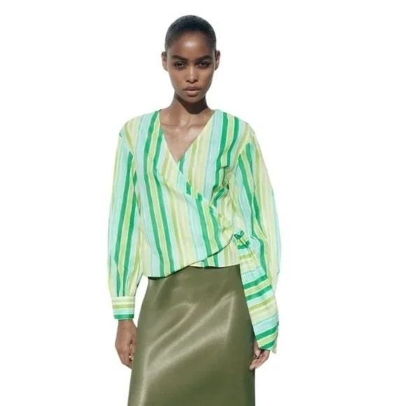 Zara Tops - NWT ZARA Green Striped V Neck Crop Top Long Sleeve Shirt Sz M 9878/117